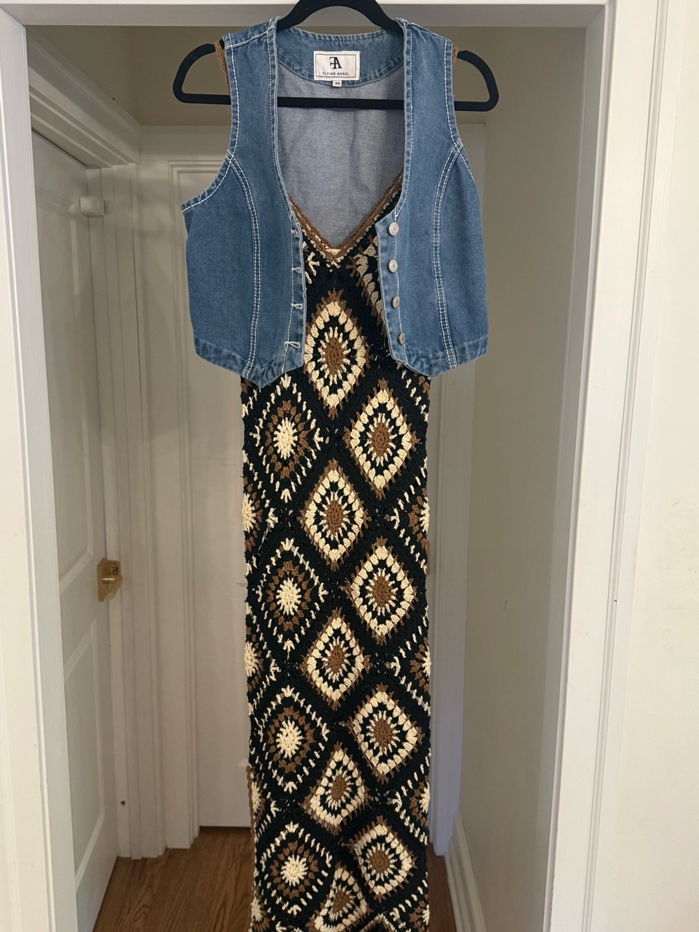 Elan Black and Tan Crochet Maxi Dress with Fringe - Picture 7 of 8